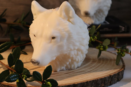 left profile view of wolf head candle