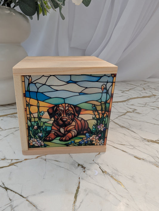 Cute Cane Corso Puppy wooden trinket box with stained glass effect sliding mdf lid 10 x 10 x 10