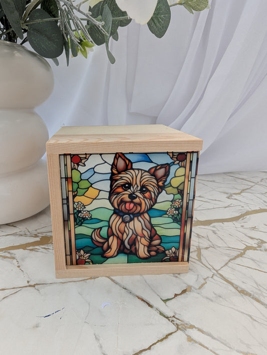 Yorkie wooden trinket box with stained glass effect lid, MDF sliding top, measuring 10 by 10 by 10 cm, perfect Yorkshire Terrier gift