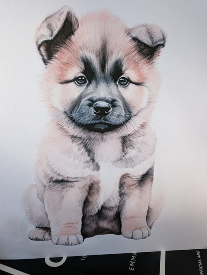 Close up of watercolour style Akita puppy greeting card, printed on 6 x 6 inch 300gsm linen effect card