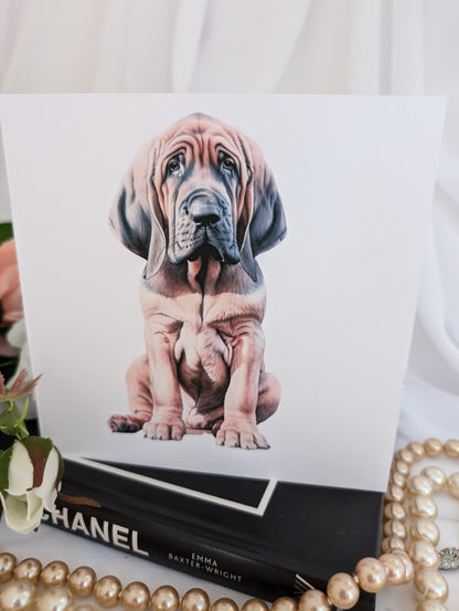 Close up of dog card with watercolour style Bloodhound printed on white 300gsm linen effect 6x6inch card
