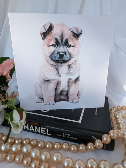 6 x 6 inch watercolour style Akita puppy greeting card, printed on  300gsm linen effect card