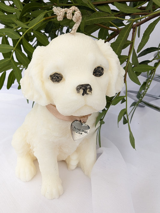 Front view of Cavalier King Charles Spaniel Puppy Candle wearing ribbon and charm around neck