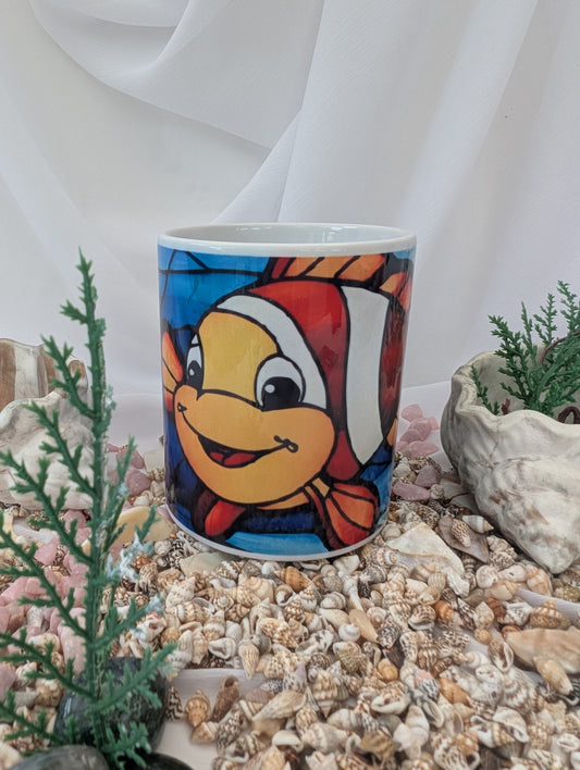 Unique mug with a clownfish design on a white background