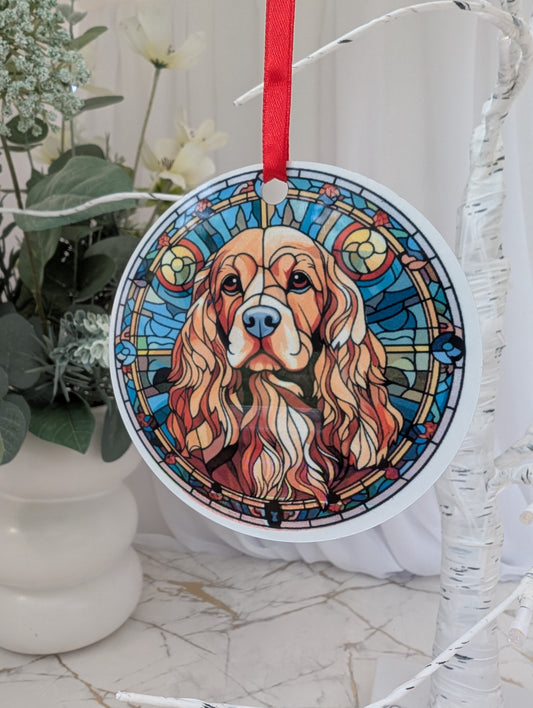 Golden Cocker Spaniel stained glass style hanging ornament