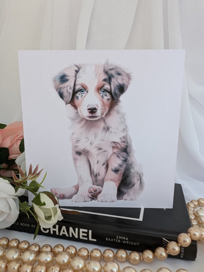 6x6 inch watercolour style Australian Shepherd Puppy greeting card.  Printed on 300gsm linen effect white card