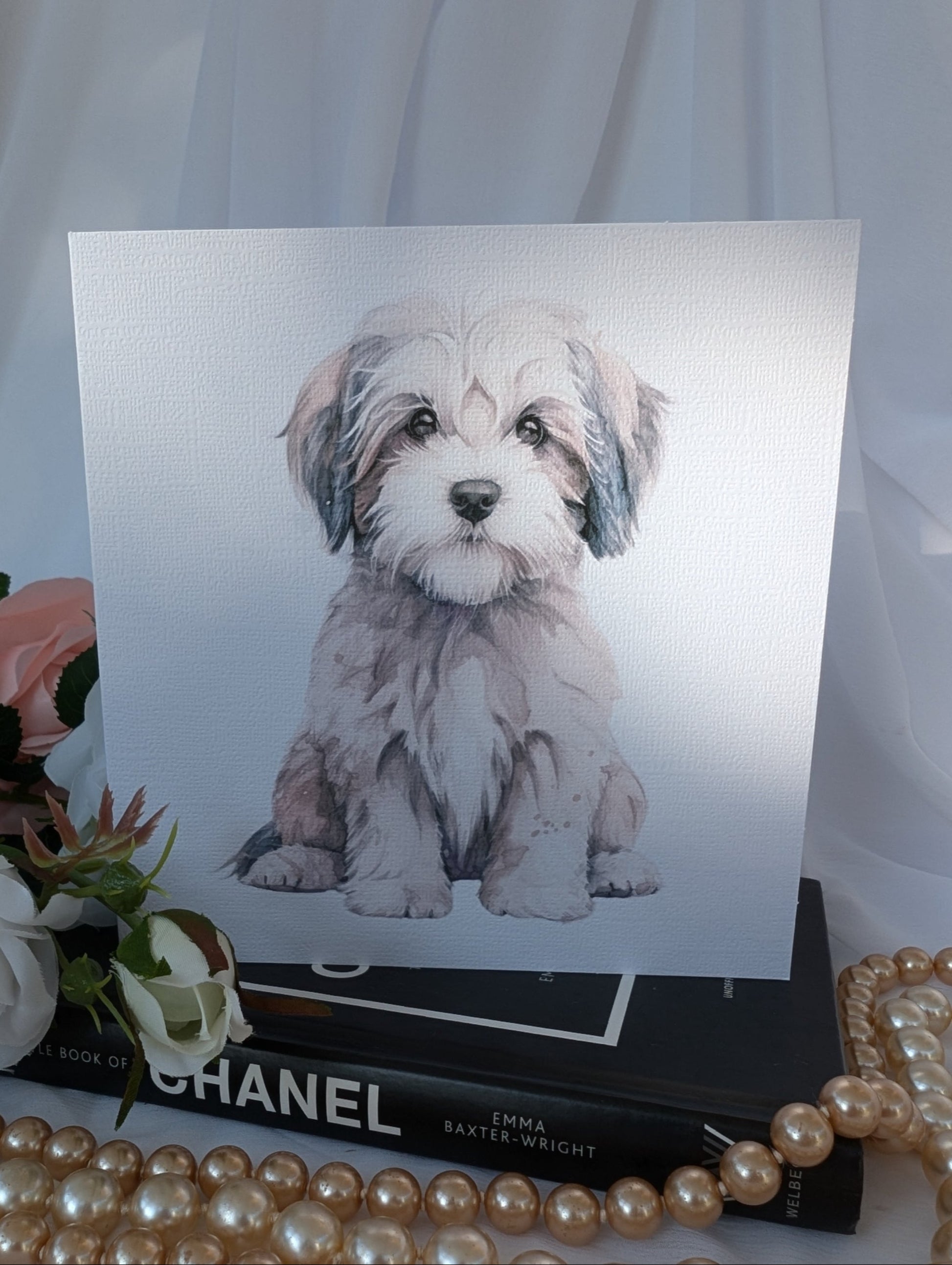 White linen effect 300gsm greeting card, printed with a watercolour style image of a cute Havanese dog.