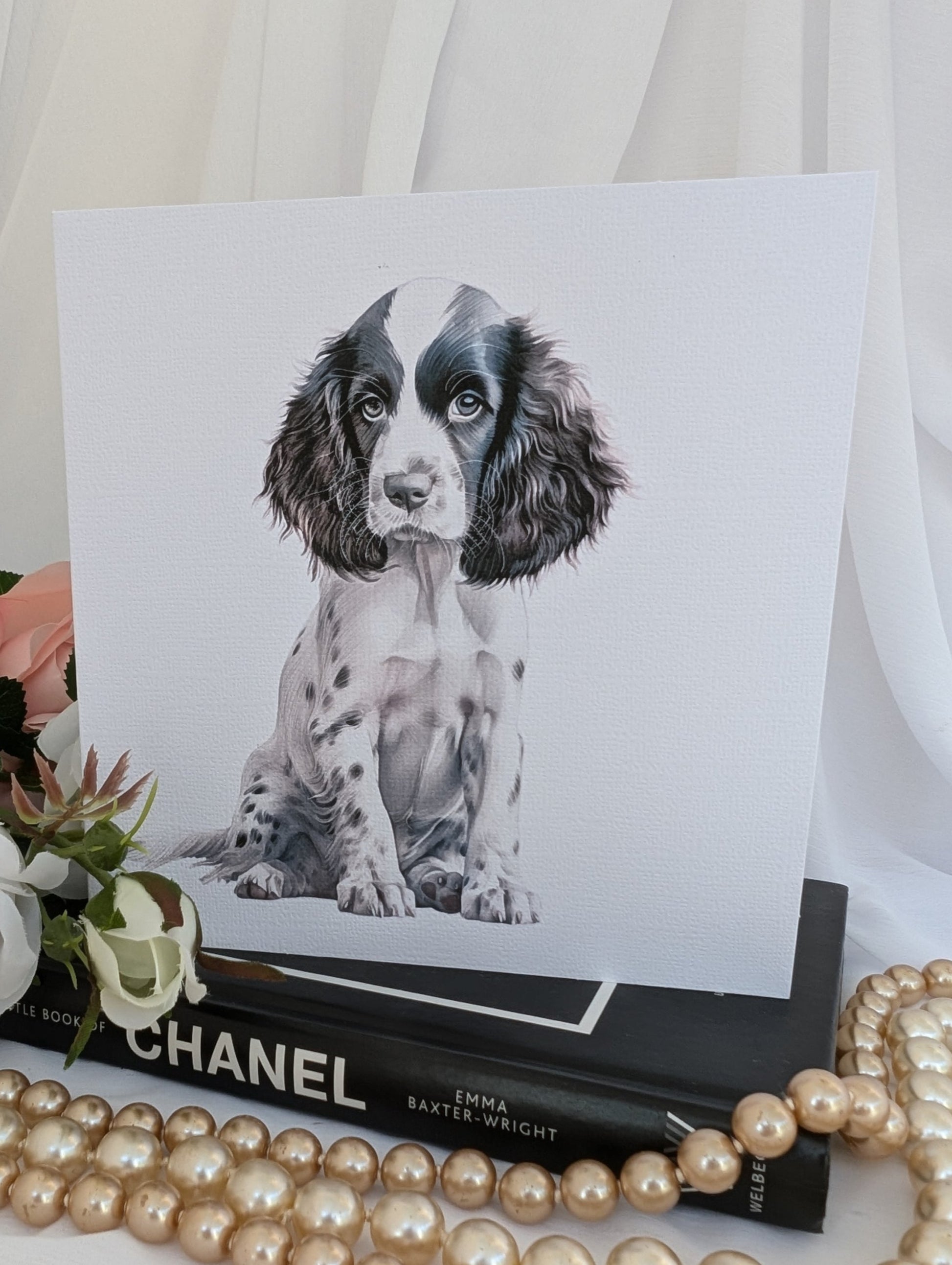 Front view of Springer Spaniel greeting card on 300gsm white linen effect card, 