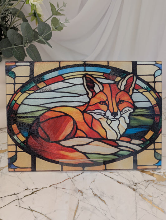 8 x 11 rectangular stained glass style fox chopping board in tempered glass