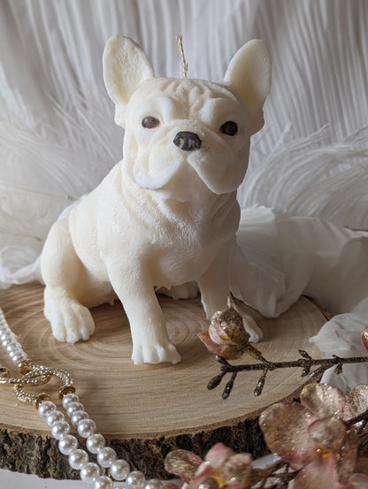 close up front view of moulded French bulldog candle