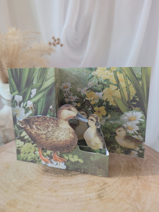 Handmade birthday card - pop up design featuring a mother duck and her chicks in 3d effect