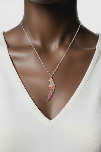 Handmade Silvertone  Parakeet Necklace with Orange Enamel | 20 Inch Chain