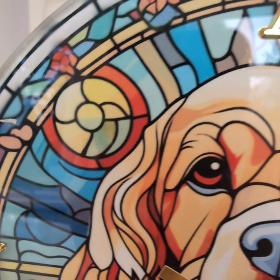 video of Cocker Spaniel wall clock in stained glass style, 20cm diameter round with gold Roman numerals and clock hands