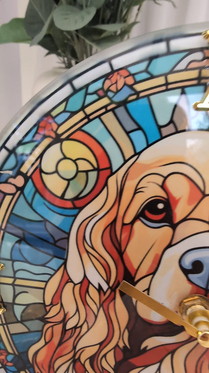 video of Cocker Spaniel wall clock in stained glass style, 20cm diameter round with gold Roman numerals and clock hands
