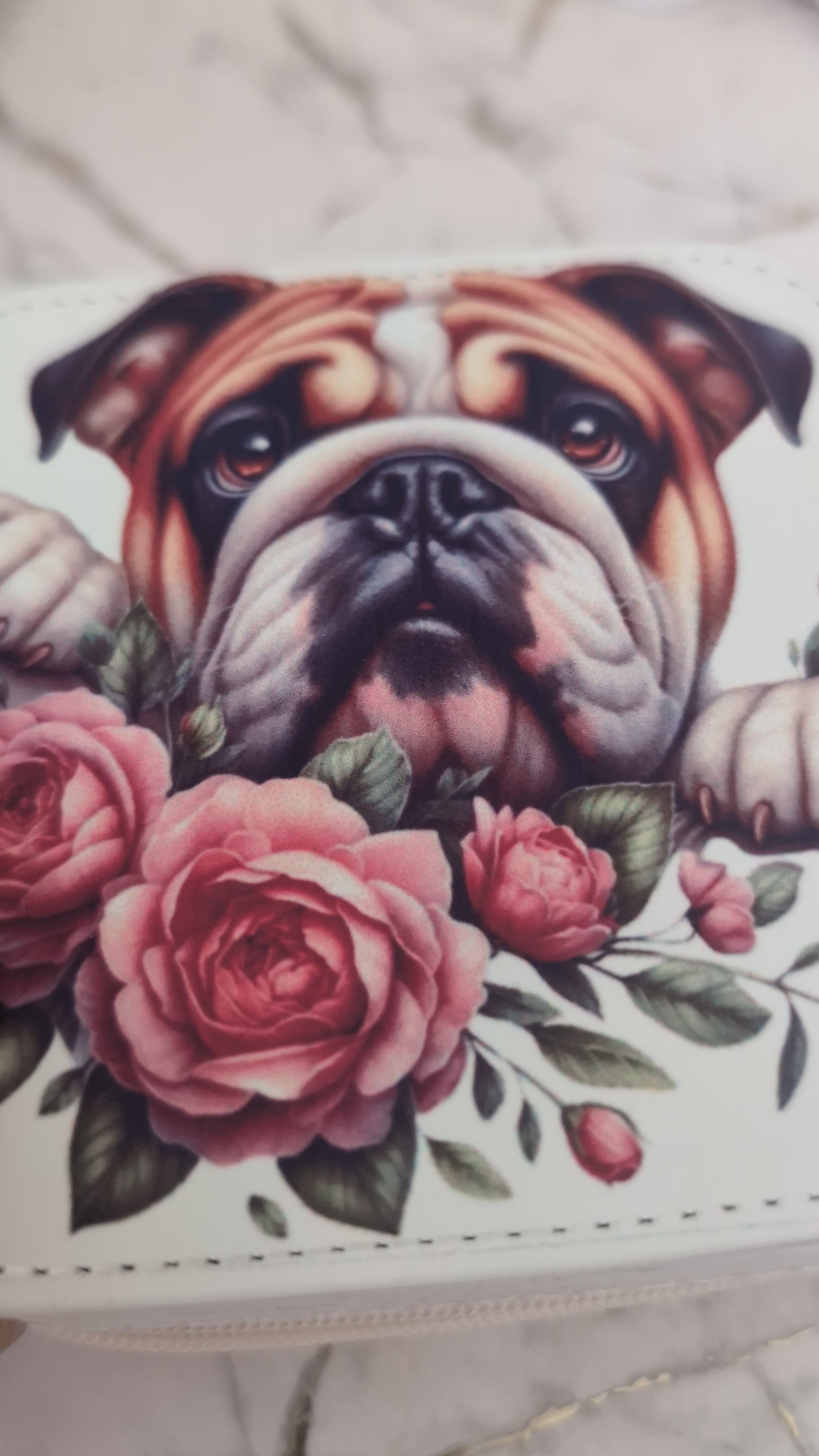 Travel Jewellery Box - Cream faux leather with cute bulldog and flower design - video of lid being opened to show inside detail