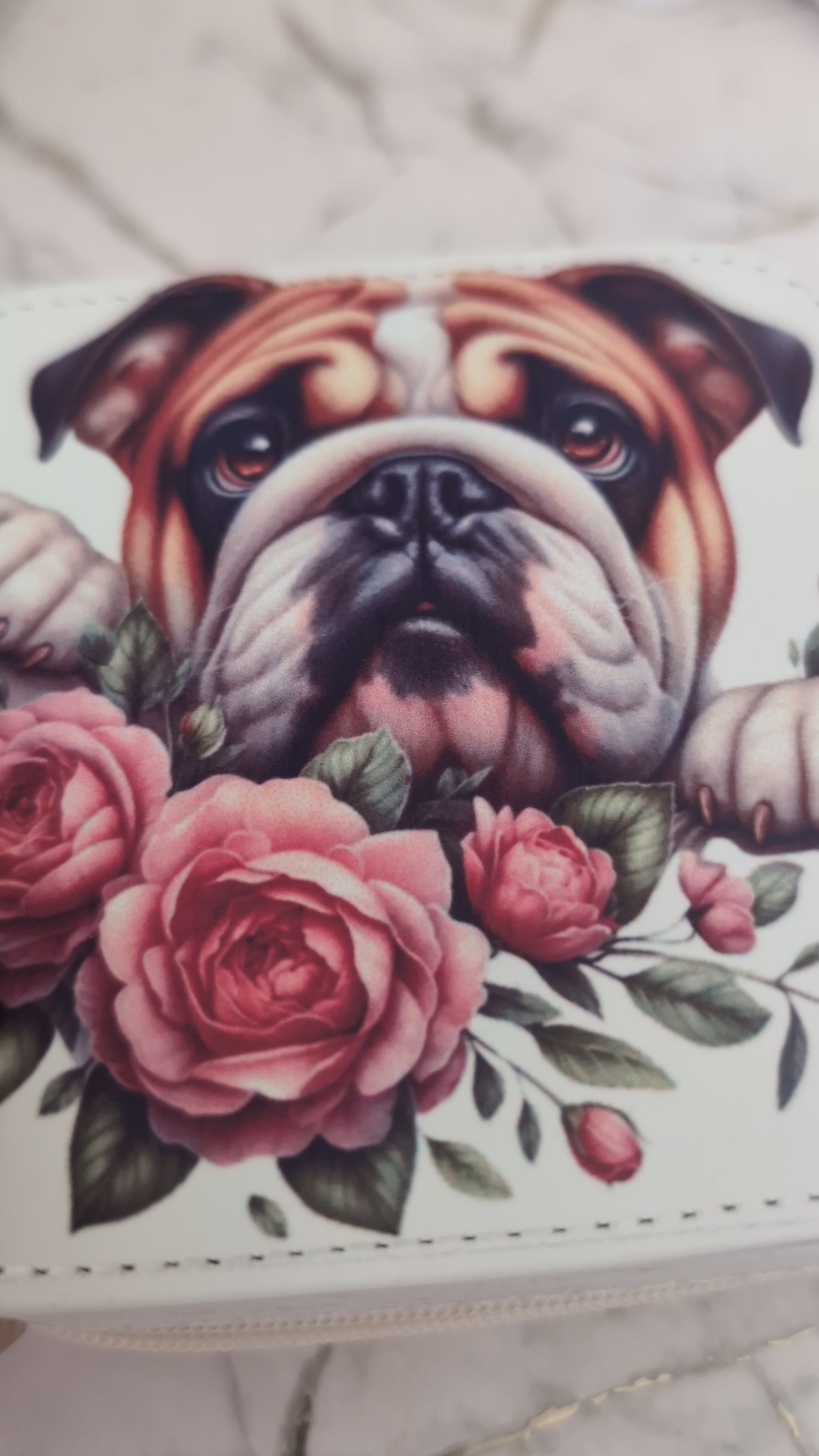 Travel Jewellery Box - Cream faux leather with cute bulldog and flower design - video of lid being opened to show inside detail