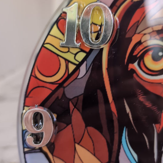 video of  German Short Haired Pointer stained glass effect wall clock - 20cm diameter round, with black hands and silver numerals