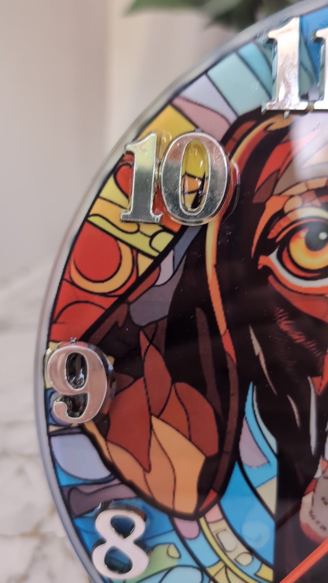 video of  German Short Haired Pointer stained glass effect wall clock - 20cm diameter round, with black hands and silver numerals