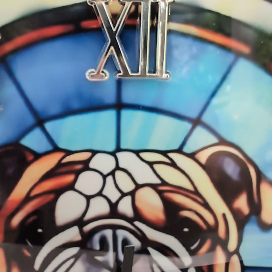 Video of 20cm square stained glass style, freestanding, Bulldog desk clock.