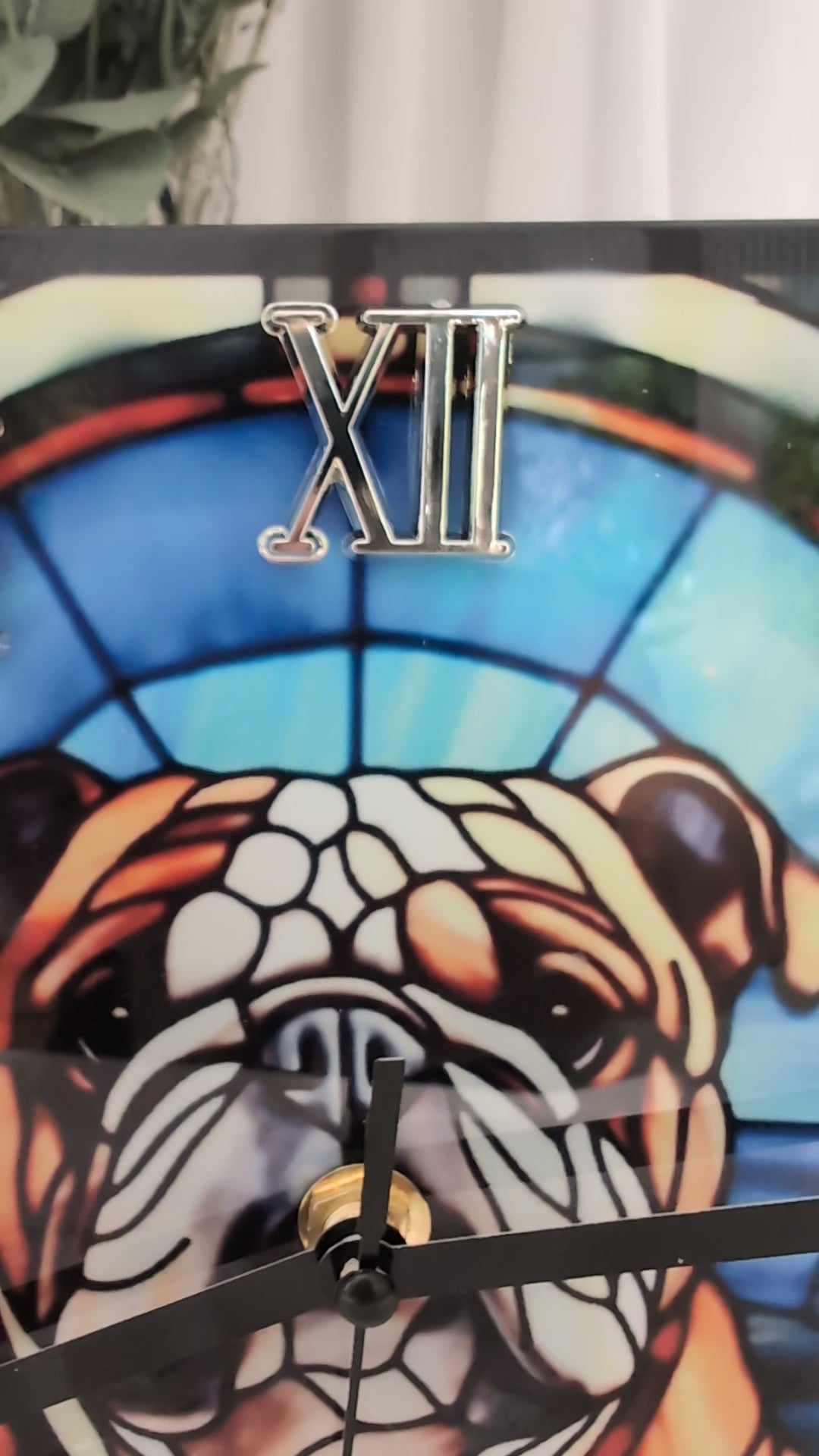 Video of 20cm square stained glass style, freestanding, Bulldog desk clock.