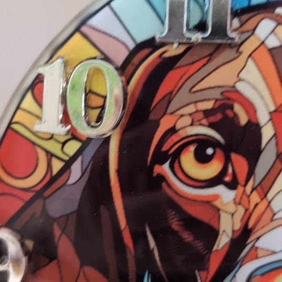 video of German Short Haired Pointer stained glass effect wall clock.  20cm diameter round, with black hands and silver numerals