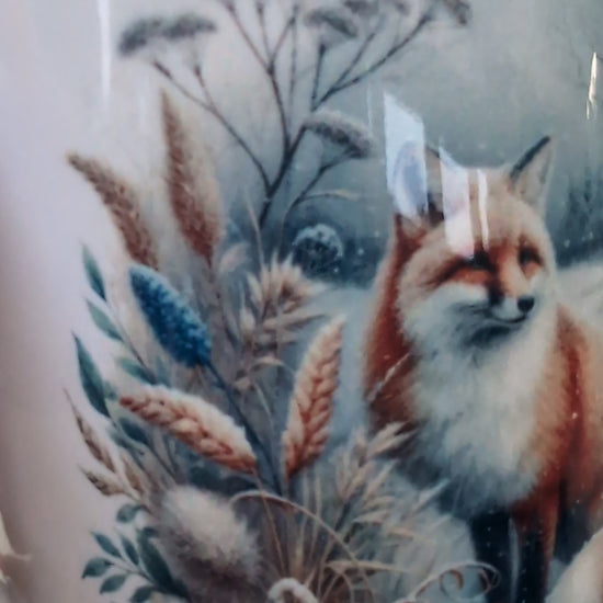 Close up detail of Fox Mug with winter fox design from Paws and Glow