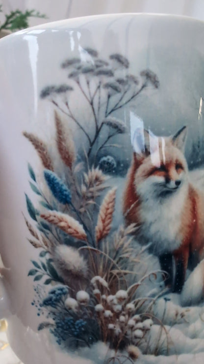 Close up detail of Fox Mug with winter fox design from Paws and Glow