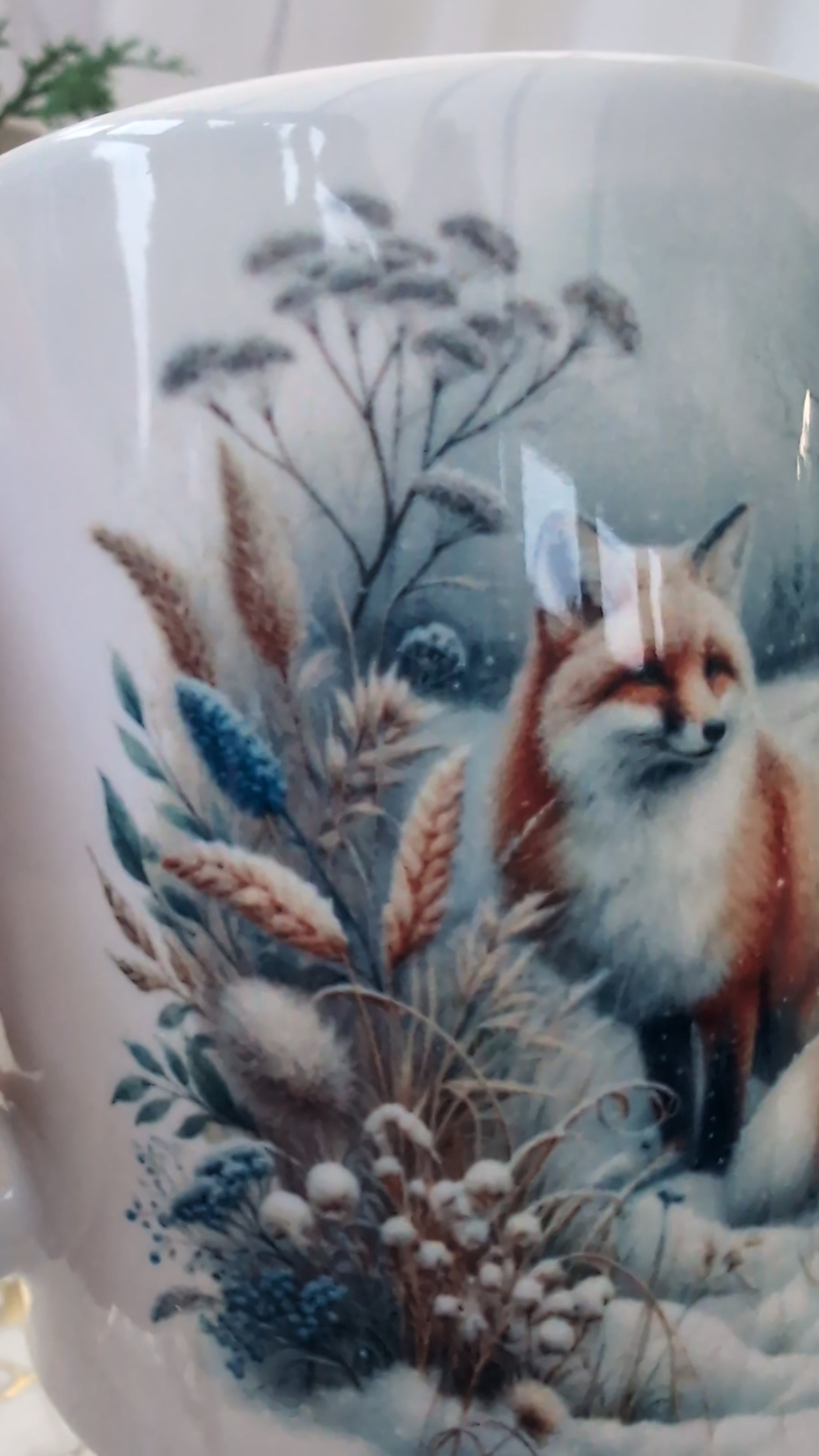Close up detail of Fox Mug with winter fox design from Paws and Glow