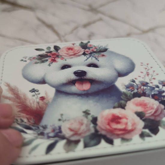 Bichon Frise travel jewellery box being opened to show inside compartments with jewellery