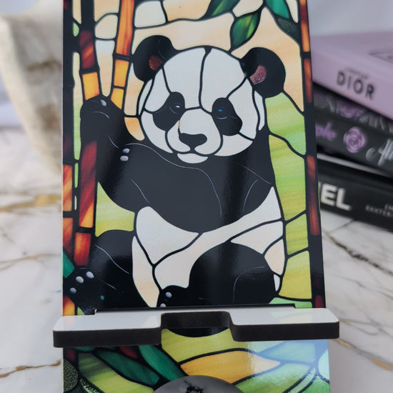 Festive gift idea, mobile phone stand with stained glass effect panda on a bamboo stalk