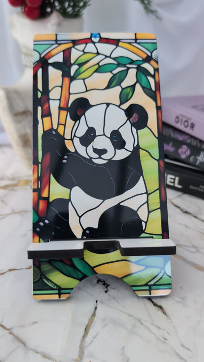 Festive gift idea, mobile phone stand with stained glass effect panda on a bamboo stalk