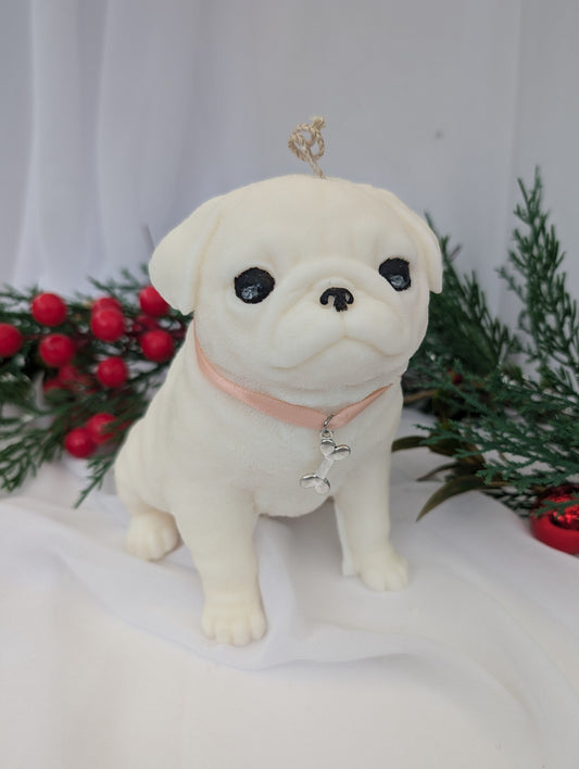 Front view of coconut and rapeseed wax moulded Pug Dog Candle