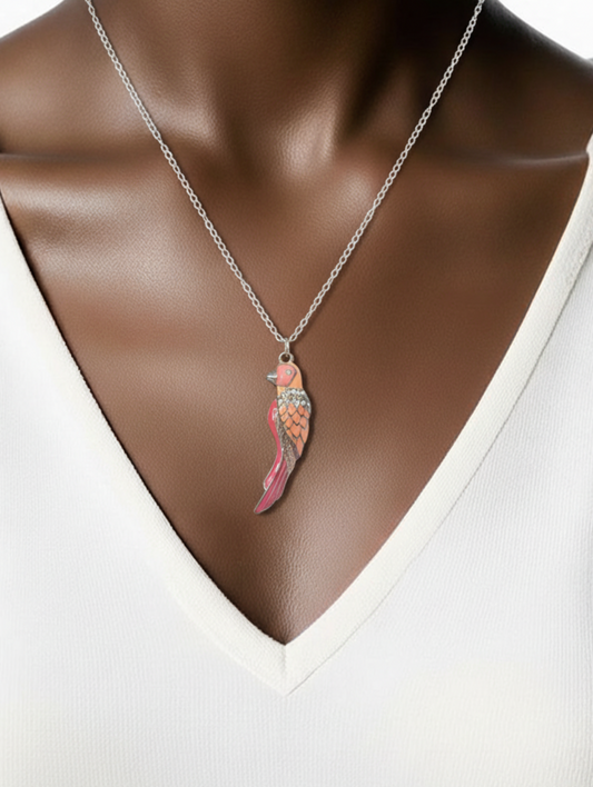 Parakeet enamel silver tone pendant on model