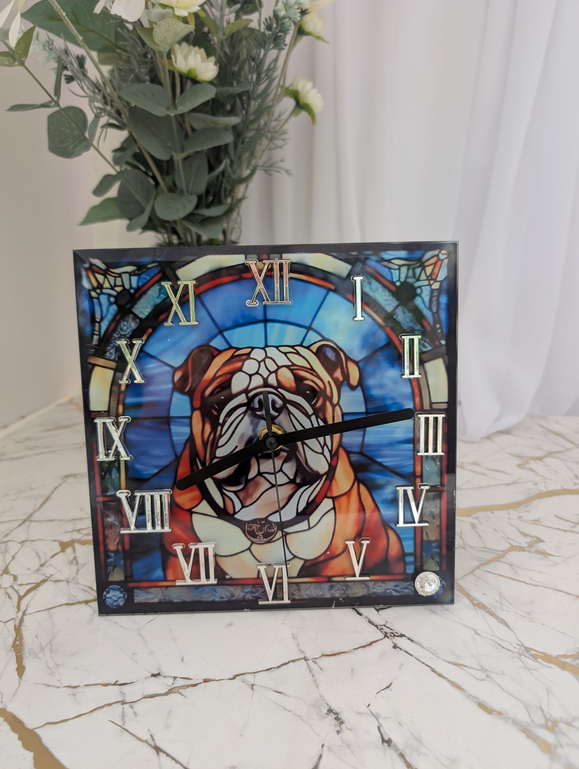 Blue tones 20cm square stained glass style, freestanding, Bulldog desk clock.