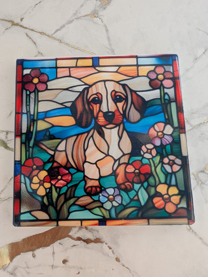 colourful stained glass style ceramic Dachshund coaster, gift for dachshund lovers, dog mums and dads