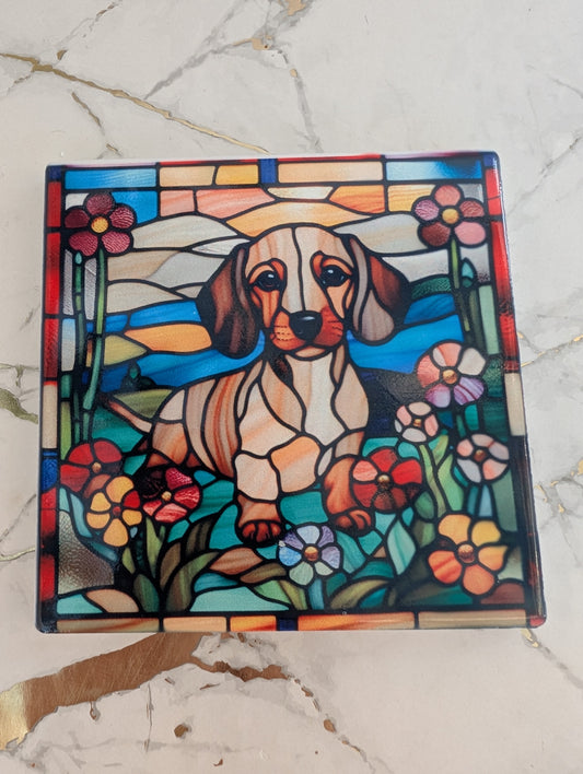 colourful stained glass style ceramic Dachshund coaster, gift for dachshund lovers, dog mums and dads
