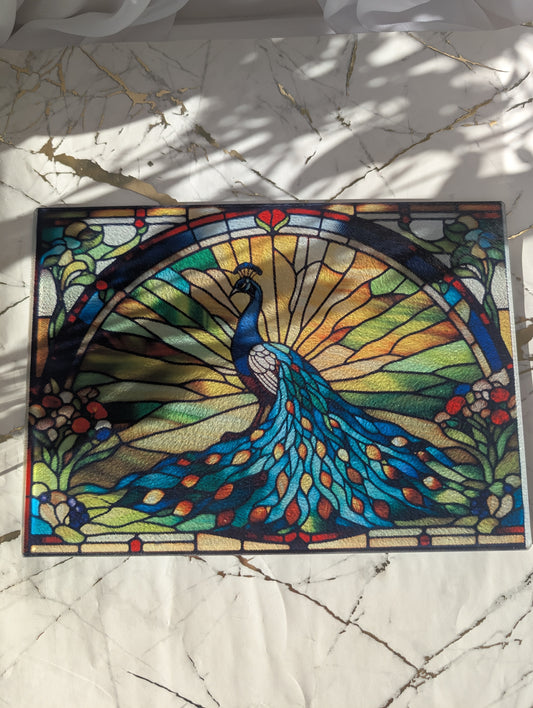 Top view of Peacock stained glass style chopping board