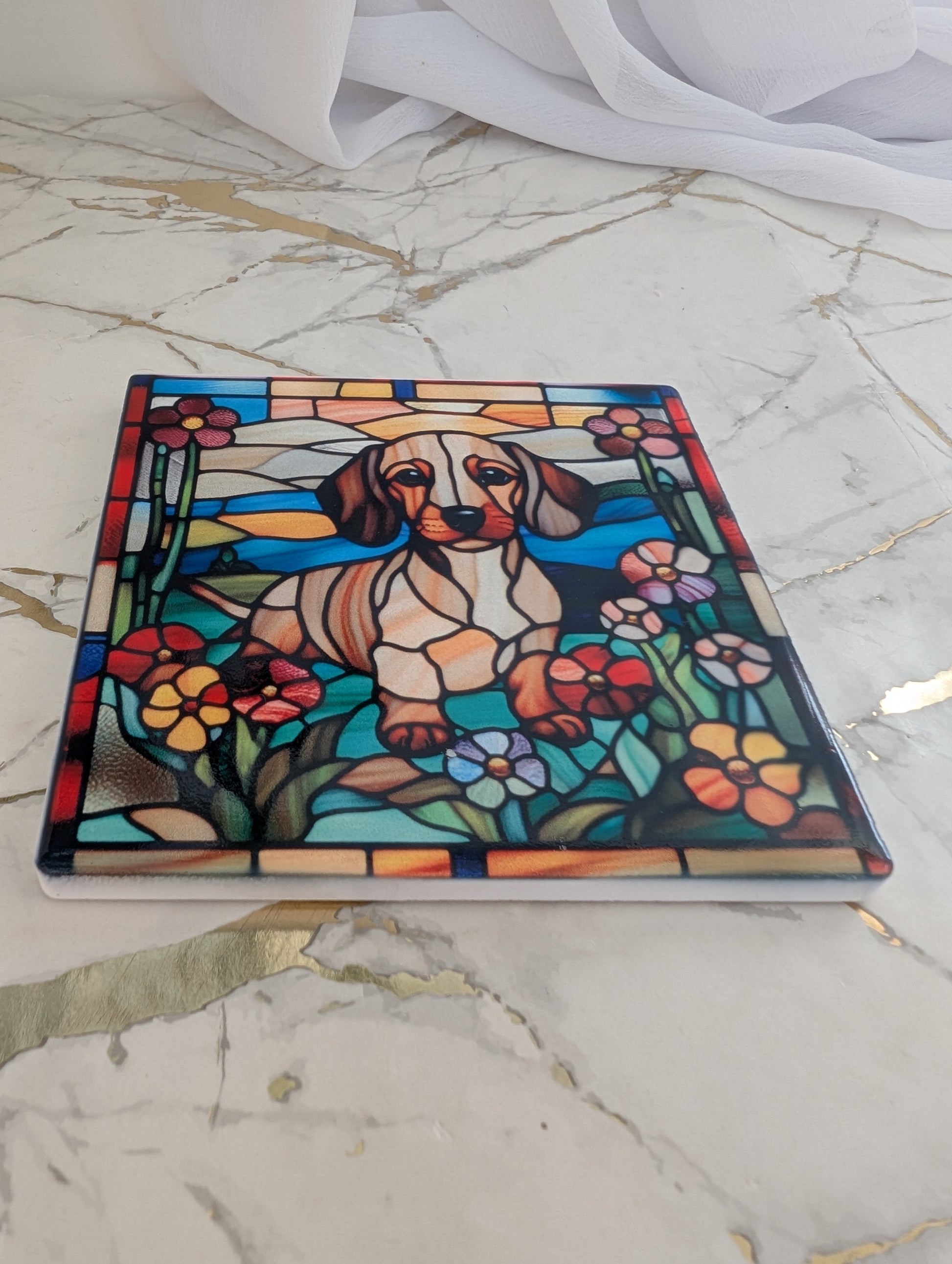stained glass style ceramic Dachshund coaster, colourful gift for dachshund lovers, dog mums and dads