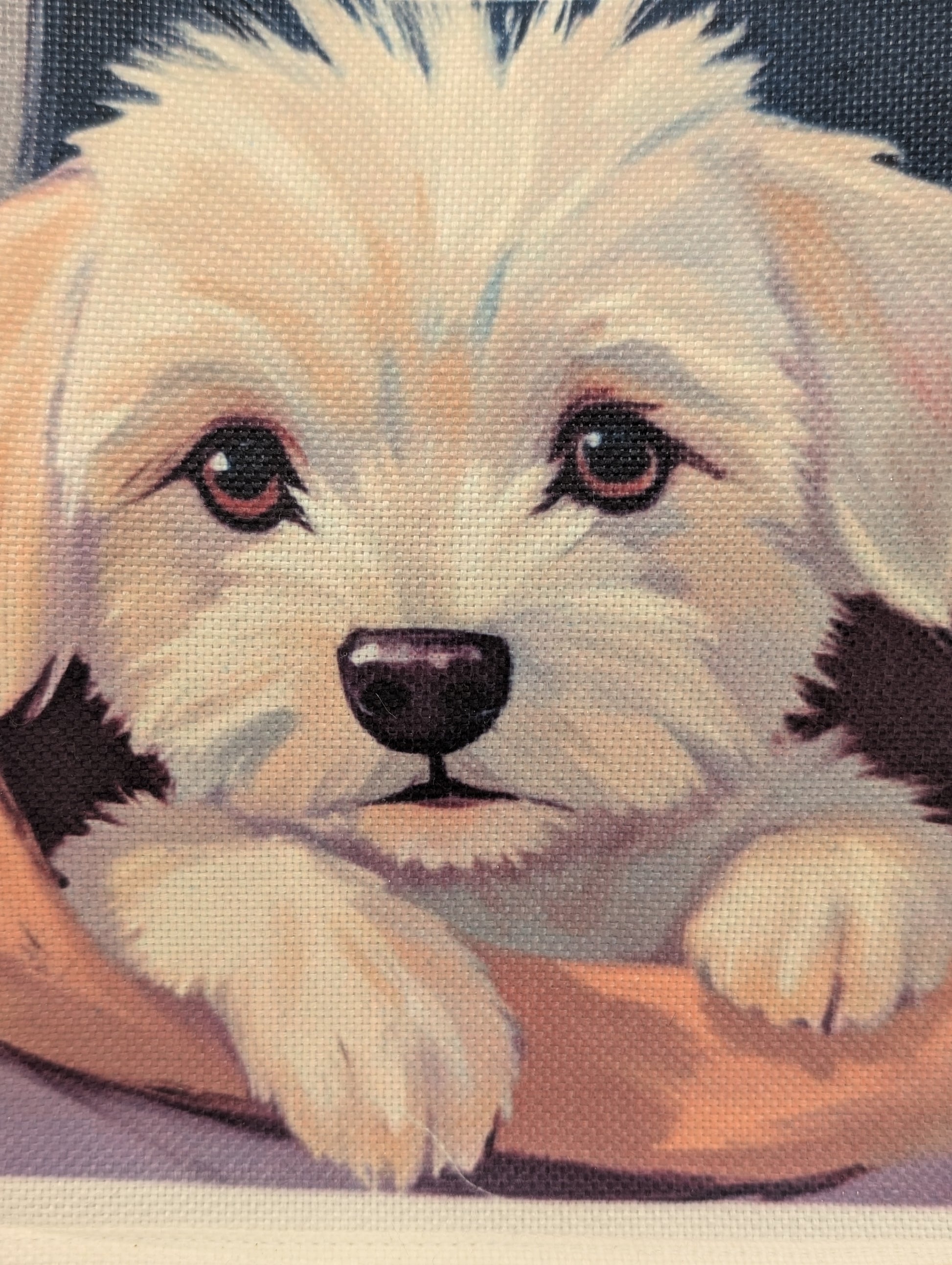 Christmas gift idea: Detailed close up of white cockapoo on Paws and Glow linen blend tote bag