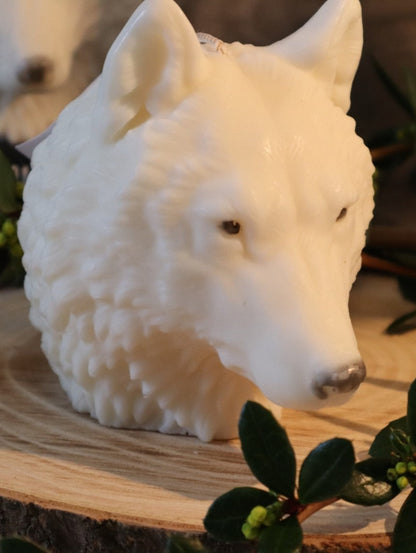 Side view of wolf head candle